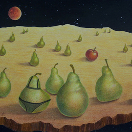 Sharon Ebert: 'The Pearents', 2011 Pencil Drawing, Surrealism. Artist Description:     surreal, surrealism, colored pencil, pears, apple, red moon, stars, space, island, planet, realism, lingerie, yellow, acrylic   ...