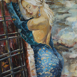 Vyacheslav Shcherbakov: 'woman by the wall', 2021 Acrylic Painting, People. Artist Description: She does not need a  golden cage . She wants real feelings.The picture is drawn on a fiberboard....