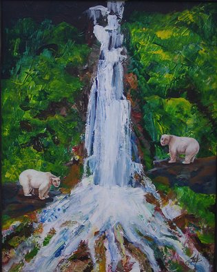 Shelly Leitheiser: 'Human Bears at the Waterfall', 2010 Oil Painting, Impressionism.  This painting is surrealism, and yes those bears have human heads. Its my way of surprising the viewer and showing people that maybe people and animals have more in common than we think. This is 16 x 20 ...