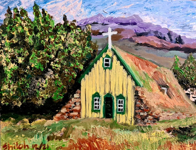 Artist Dan Shiloh. 'Church In Iceland' Artwork Image, Created in 2023, Original Painting Tempera. #art #artist