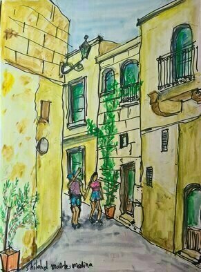 Dan Shiloh: 'malta street', 2023 Tempera Painting, Cityscape. Street in Malta...