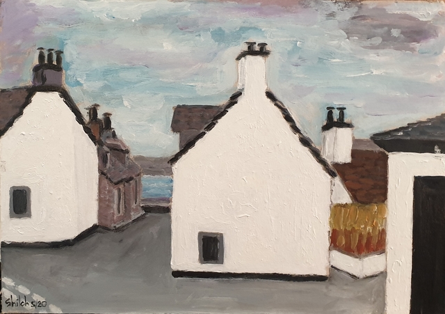 Artist Dan Shiloh. 'Village In Scotland' Artwork Image, Created in 2023, Original Painting Tempera. #art #artist