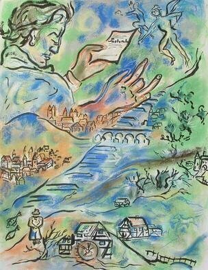 Shoshannah Brombacher: 'Beethoven in Limburg', 2004 Pastel, Music. This drawing belongs to a series I made of Beethoven in different countries, where I lived or visited. here we see beethoven in Limburg, the southern part of Holland, near the river Maas and surrounded by Roman excavations, medieval cities, half timbered farms etc. There is an oil painting with ...