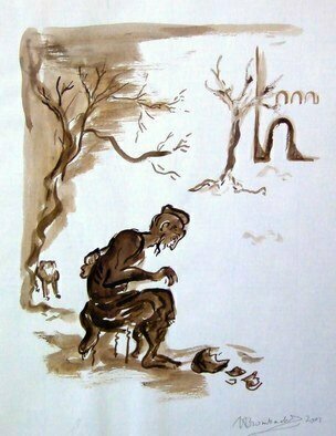 Shoshannah Brombacher: 'Hiob sitting on a dung heap', 2006 Ink Painting, Life. Artist Description:  I have a series of sepia ink drawings about the test and tragedies which befell the Biblical Hiob. This is only one of them, showing Hiob scratching himself with a pot shard, while his wife berates him. Please CONTACT me for all information about price, availability, commissions etc. : ...