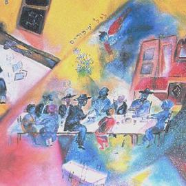 Shoshannah Brombacher: 'Seder at the Lower Eastside', 1992 Oil Painting, Judaic. Artist Description: This is a seder in a shul at the Lower Eastside of New York, which I attended after I arrived in the city, just married. I later set up my studio in this shul. The table with a lot of strange guests ( the crowd resembled a Three Penny ...