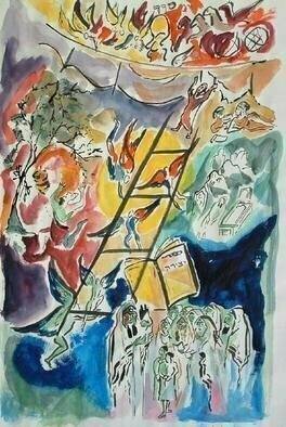 Shoshannah Brombacher: 'arba nikhnesu', 2001 Gouache Drawing, Judaic. In a Talmudic story four Rabbis go to the mystical garden, one loses his mind, another dies, a third one pries too much and becomes a heretic, and only Rabbi Akiva reurns wise and in peace and teaches many scholars. I made many drawings about this theme....