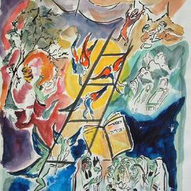 Shoshannah Brombacher: 'arba nikhnesu', 2001 Gouache Drawing, Judaic. Artist Description: In a Talmudic story four Rabbis go to the mystical garden, one loses his mind, another dies, a third one pries too much and becomes a heretic, and only Rabbi Akiva reurns wise and in peace and teaches many scholars. I made many drawings about this theme....