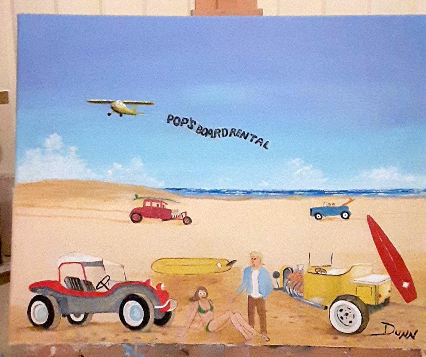 Danny Dunn: 'hot rod and dune buggy', 2021 Oil Painting, Beach. This painting is about young people, their unique automobiles, surf, sand and sun. ...