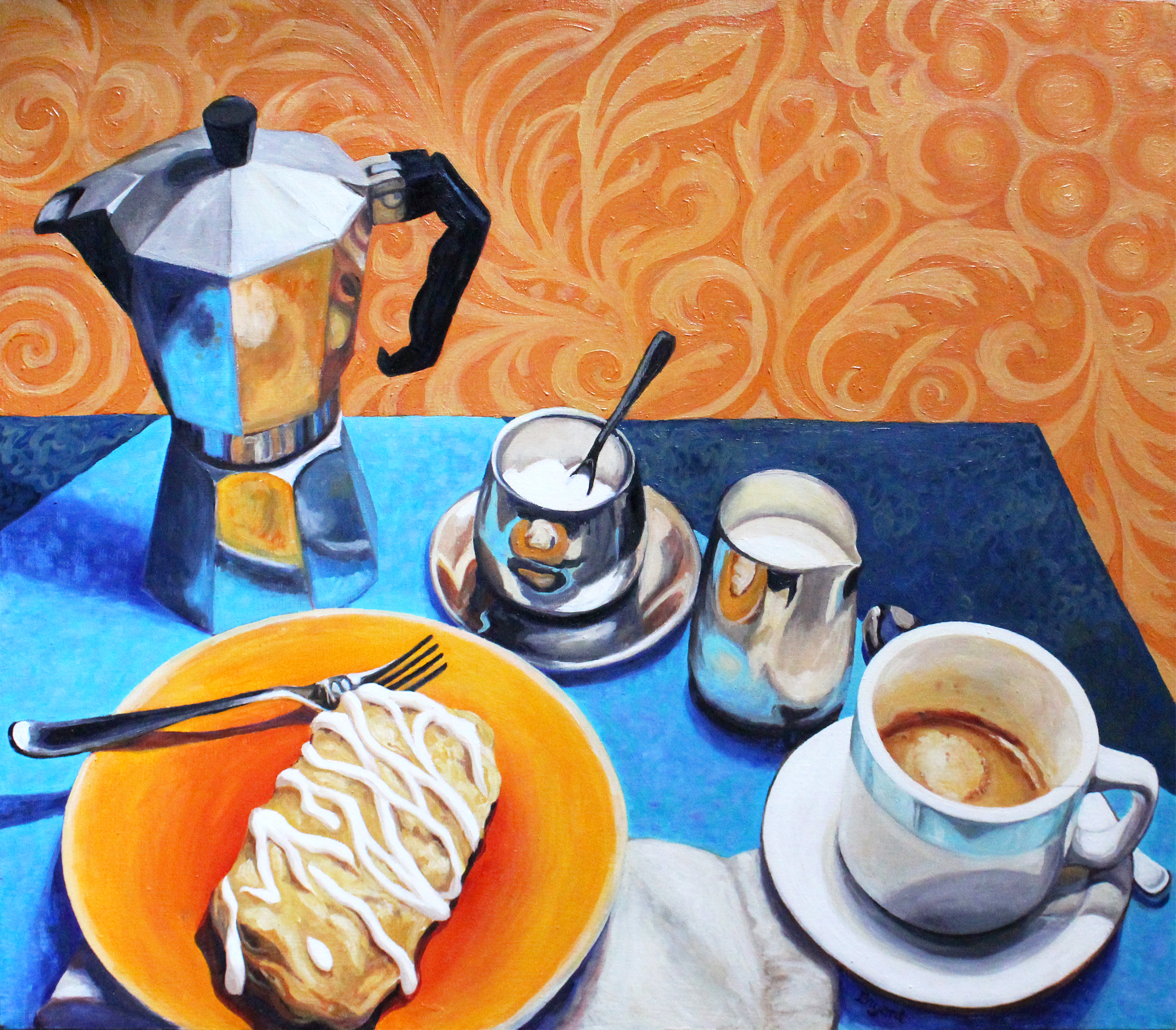 Sandra Bryant: 'breakfast of champions', 2020 Oil Painting, Still Life. A favorite way to start the day, coffee and danish. ...