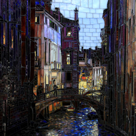 Sandra Bryant: 'night in venice', 2019 Mosaic, Cityscape. Artist Description: A night scene off a Venice bridge glass mosaic art by Showcase Mosaics...