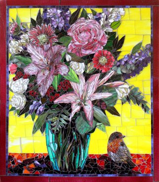 Sandra Bryant: 'robin with lilies', 2022 Mosaic, Floral. This lively glass mosaic features intricate floral arrangement with a robin. ...