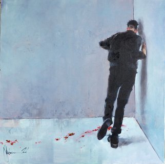 Igor Shulman: 'right through', 2020 Oil Painting, Atmosphere. This is another provocation from me. Someone will see in this picture a theatrical scene, or a scene from a movie.And someone will remember an episode from their own life.Someone will see in this the story of life and death.And someone just red paint on the floor ...