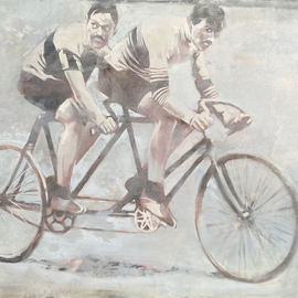 Igor Shulman: 'the invincible tandem', 2022 Oil Painting, Bicycle. Artist Description: Many of you no longer remember that such bicycles once existed. And they really raced back in the middle of the last century. Retro lovers still use tandems. Pretty funny design in my opinion.Two of my favorite themes came together in this picture. They are retro and ...