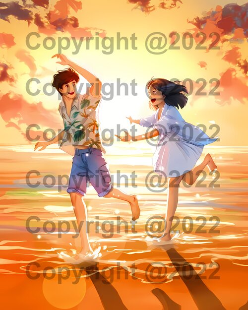 Vector Convert: 'summer beach lovers', 2022 Illustration, Sea Life. Boy and girl lovers enjoying in summer beach sunset...
