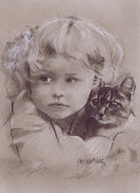 Sid Weaver  'Girl And Kitten', created in 2014, Original Drawing Pencil.