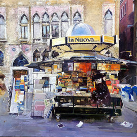 Francisco Sillue: 'el kiosco venecia', 2005 Oil Painting, Cityscape. Artist Description: Venetian KioskThe artist with this painting is representing the spirit of Venice, the city of canals, art, carnivals, unique in the world.  The Kiosks in Venice are the soul of the city.  symbol of another era, where it sells everything, magazines, newspapers and souvenirs for tourists.When painting ...