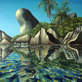 Emese Simon: 'seychelles scene', 2002 Oil Painting, Seascape. Artist Description: oil painting of the  Seychelles rock formations on the beach, with crystal clear blue and turquoise water...