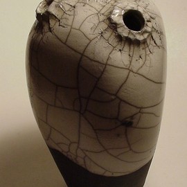 Skip Bleecker: '4 Hole Crackle', 1980 Wheel Ceramics, Abstract. Artist Description: Wheel thrown, Porcelain, High fired, One of a kind, Sculpture, Handmade. ...