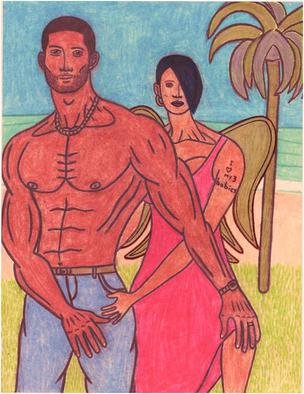 Skyler Woods: 'Exotic Love', 2011 Pencil Drawing, Mystical.  This is a picture of an interracial couple standing on a island. The man is standing with his wife. But as you can see, his wife is something beyond this world. I wanted this art piece to represent the power of love and intimacy. Love and intimacy can surpass race...