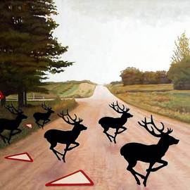 Steven Lynch: 'Escape the Rut', 2010 Oil Painting, Animals. Artist Description:  After spending too much of their lives trapped inside a red triangle going nowhere the stags finally puck up the courage to escape and roam free. . ...