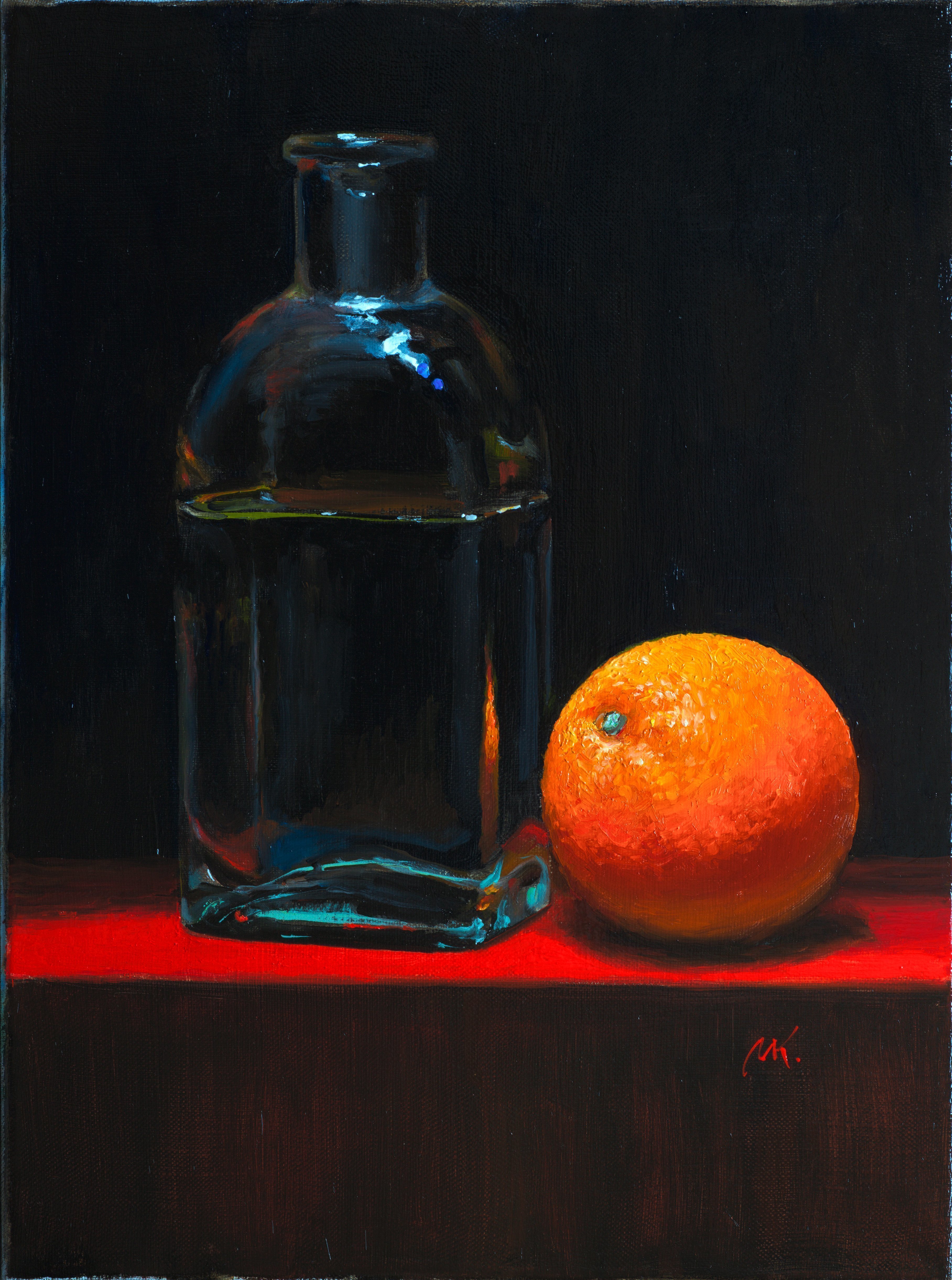 Mikhail Velavok: 'orange', 2017 Oil Painting, Sea Life. Original oil on canvas stretched on a wooden underframe. The artwork is being sold unframed. The frame in the additional photo is an example only.orange, red, dark, glass, bottle...