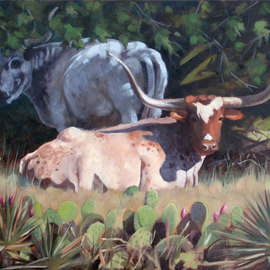 Steve Miller: 'Resting', 2009 Oil Painting, Western. Artist Description:  Texas longhorn hill country cactus yuca lansacape bulls cattle steer horns    ...
