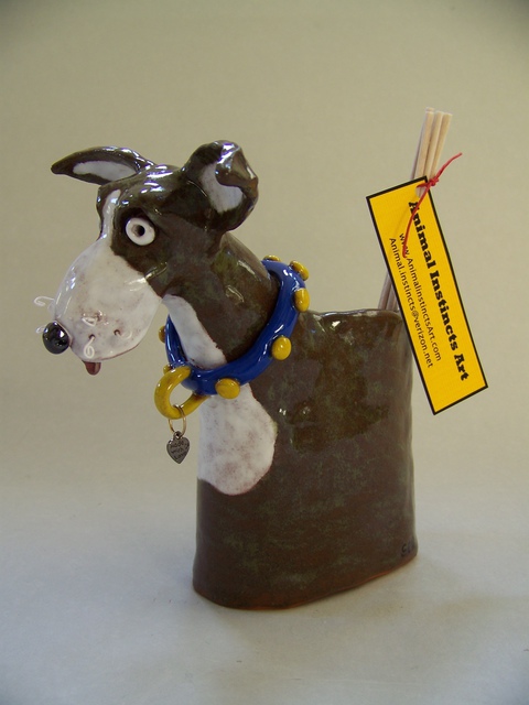 Artist Suzanne Noll. 'Brown And White Dog Pil Reed Diffuser Item V1076' Artwork Image, Created in 2011, Original Ceramics Other. #art #artist