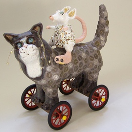 Suzanne Noll: 'Ratz N Katz', 2009 Mosaic, Cats. Artist Description:     Ratz- N- Katz is a ceramic cat and rat sculpture made of high fire clay and various glazes. Katz mosaics are made of metal coins while Ratz are of broken mirror and colored glass. Katz is riding on a wooden axle attached to antique toy wagon wheels where ...