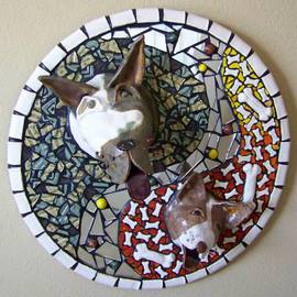 Suzanne Noll: 'Woofpack', 2009 Mosaic, Animals. Artist Description:     Woofpack is a Great Dane and English Bull Terrier mask made of high fired clay with various glazes. The background is mosaicked in handmade, ceramic tile and handmade dog bones. The backing is made of durable plywood with a sturdy, thick wire hanger for safe, reliable mounting to ...