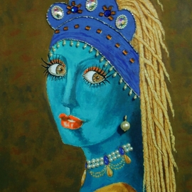 Jayne Somogy: 'bellydancer w a pearl earring', 2016 Mixed Media, Satire. Artist Description: Belly Dancer with a Pearl Earring- - My version of Vermeers classic painting, Girl with a Pearl Earring - - done as a belly dancer, by a belly dancer.  Loaded with Swarovski crystals, beads and pearls and, of course, a real pearl earring, all securely sewn onto the canvas.  Many tribal- ...