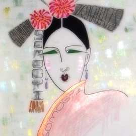 Jayne Somogy: 'china doll', 2019 Mixed Media, Ethnic. Artist Description: Modern, minimalist portrait of a Chinese woman.  Can you find the artist signature- - look closely.Watercolor, metallic acrylics, ink colored pencil on paper.To see all my work- - www.  Jayne- Somogy.  pixels.  com...