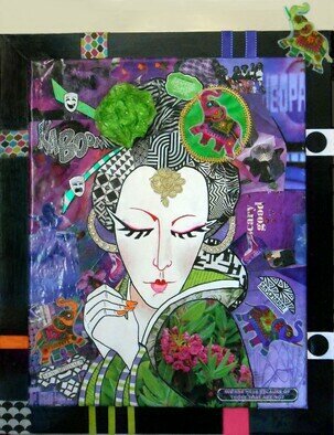 Jayne Somogy: 'elephants in her hair', 2022 Collage, Fantasy. A aEURoeculture clashaEUR combining the recognizable characteristics of a Japanese geisha- - white face, kimono, stylized hairdo- - with the colors, design elements, ethnic culture and exuberance of the Indian continent, and voilA aEUR