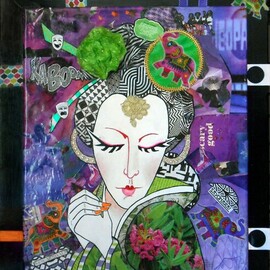 Jayne Somogy: 'elephants in her hair', 2022 Collage, Fantasy. Artist Description: A aEURoeculture clashaEUR combining the recognizable characteristics of a Japanese geisha- - white face, kimono, stylized hairdo- - with the colors, design elements, ethnic culture and exuberance of the Indian continent, and voilA aEUR