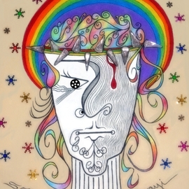 Jayne Somogy: 'judge not', 2019 Mixed Media, Activism. Artist Description: A whimsical, pop art rendition of Jesus the Christ with a rainbow gay pride halo- - to say that EVERYONE is loved and accepted by God.Acrylics, metallic acrylics, holographic stars, jewels on canvas.  Crown of thorns made from acrylic jewels burnt into thorn shapes and applied to canvas....