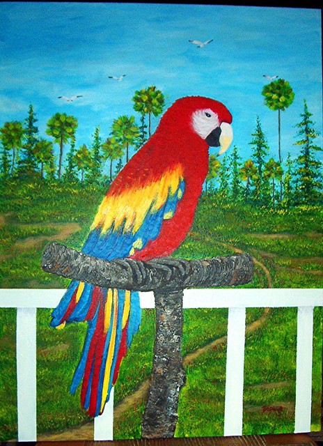 Artist Sophia Stucki. 'Parrot  View From The Porch  Marsh Palms Seagulls' Artwork Image, Created in 2003, Original Painting Oil. #art #artist