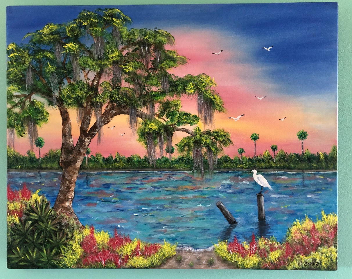 Sophia Stucki: 'Peaceful Marsh', 2019 Acrylic Painting, Landscape.  Gallery canvas 1 12 deep painted on edges so no framing is needed.  Marsh with live Oak and spanish Moss white egret sitting on old post in the water flowers and beach shoreline...