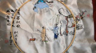Debbi Chan: 'a neighborly visit updated', 2010 Fiber, Home. Artist Description:  the embroidery on this beautiful watercolor is coming to a finish.  at that poinr i will price it for my portfolio.  ...