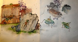 Debbi Chan: 'album of crickets', 2011 Artistic Book, Fauna. Artist Description:  i hold this album dear because i have  always been fascinated by them and their long history in Asian culture. it is painted in watercolor/ ink on mounted rice paper. ...