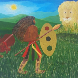 Gregory Roberson: 'Spiritual Warrior', 2016 Acrylic Painting, Ethnic. Artist Description: Original acrylic painting on canvas.Rasta, African- American, ethnic, tribal, liberation, lion, bull, warrior, spear, shield, landscape ...