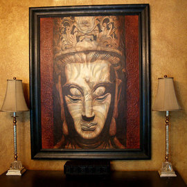 Jeff Monsein: 'Kuanyin Goddess of Mercy', 2008 Mixed Media, World Culture. Artist Description:  Venetian plaster and acrylic paint over old asian newspapers.  raised patterns on sides.  Limited embellished and signed giclees also availableat splatpaint.  com ...