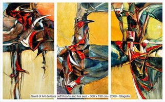 Artist: Diamantis Stagidis - Title: Saint of Art defeats Jeff Koons and his sect - Medium: Oil Painting - Year: 2009