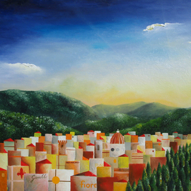 Massimiliano Stanco: 'Firenze', 2007 Oil Painting, Cityscape. Artist Description:  Firenze seen from the hills of Fiesole, early morning of MayThis work of art was created with pure pigments derived from natural substances.  It comes with a thick artisan- made wood frame in brushed silver or waxed historical gold.  Overall sizes 53x41...