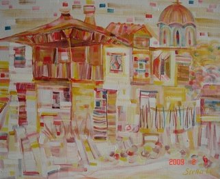 Stella Spiridonova: 'Church', 2009 Oil Painting, Abstract Landscape.  Bunch of houses from an ancient village in Bulgaria. The toll building is the church with an oval roof. Colors go from yellow to brown and some red accents. White canvas appears everywhere.  ...