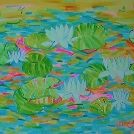 Stella Spiridonova: 'Fancy Lilies', 2009 Acrylic Painting, Landscape. Artist Description:  Fancy lilies with bright accents to play   sun reflections between the leaves and blooming white water flowers. Average acrylic thickness, brush, transparent background.   ...