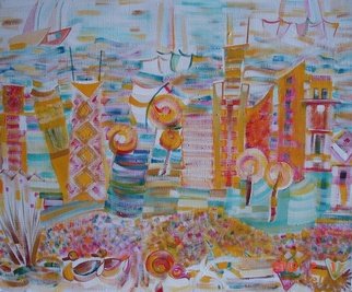 Stella Spiridonova: 'My Big City Chicago', 2009 Oil Painting, Abstract Landscape.  Chicago landscape with lake Michigan and the toll skyscrapers covered with the sunshine reflections all over. The fancy point is that water and buildings look like they move around together. Front with the typical sea stuff and back with boats. ...