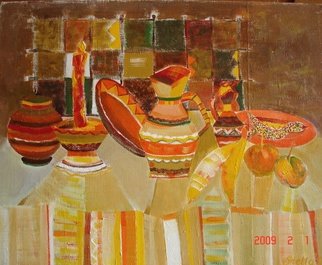 Stella Spiridonova: 'Still Life', 2009 Oil Painting, Abstract Landscape.  Nice pottery and couple of fruits create a warm line of object on canvas. there is a long candle that goes higher then all others. Except the fruits the other ceramic stuff is from my ancestors'collection. ...