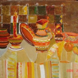 Stella Spiridonova: 'Still Life', 2009 Oil Painting, Abstract Landscape. Artist Description:  Nice pottery and couple of fruits create a warm line of object on canvas. there is a long candle that goes higher then all others. Except the fruits the other ceramic stuff is from my ancestors'collection. ...