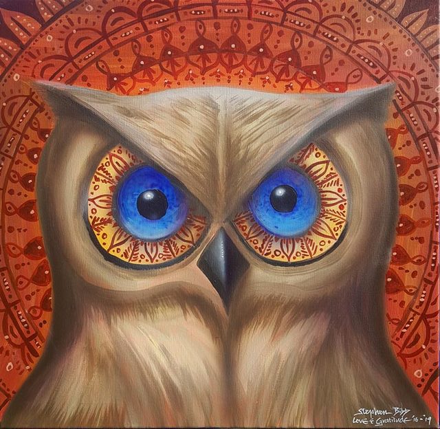 Stephen Bibb  'Owl Mandala', created in 2019, Original Painting Acrylic.