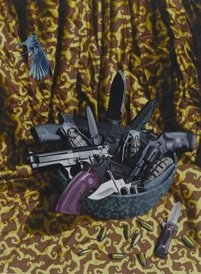 Stephen Hall: 'American Still Life  SOLD', 2013 Acrylic Painting, nature.  Still life, nature, violence, guns, ammo, bullets, knives, grenades, fruitbowl, bluebird, patterns, drapery ...