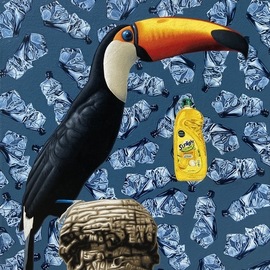 Stephen Hall: 'a hard rain forest nfs', 2020 Acrylic Painting, Animals. Artist Description: With the decimation of the Amazonian rain forest threatening all life on earth, along with continued misuse of plastics, is what inspired this piece.  Also showing the beauty of the Toucan.  I painted this particular piece for our friends from Alternatives NY, Mark Julie Koch, knowing their love ...